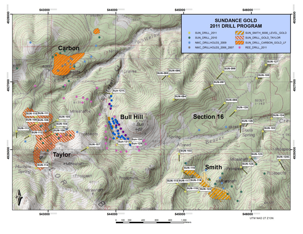 2012-02-13-NR-map Figure 1: Plan map showing the location of the Smith, Carbon, Taylor, and Section 16 gold target areas